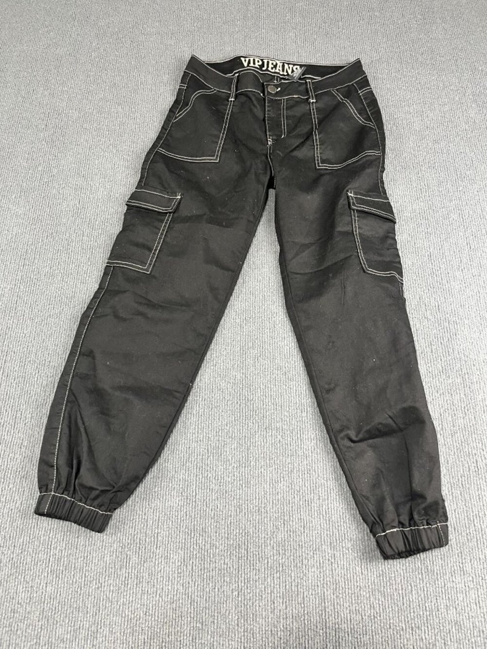 VIP Jeans Womens Black Cargo Pants Size 11/30 Elastic Cuffs Contrast Stitch
